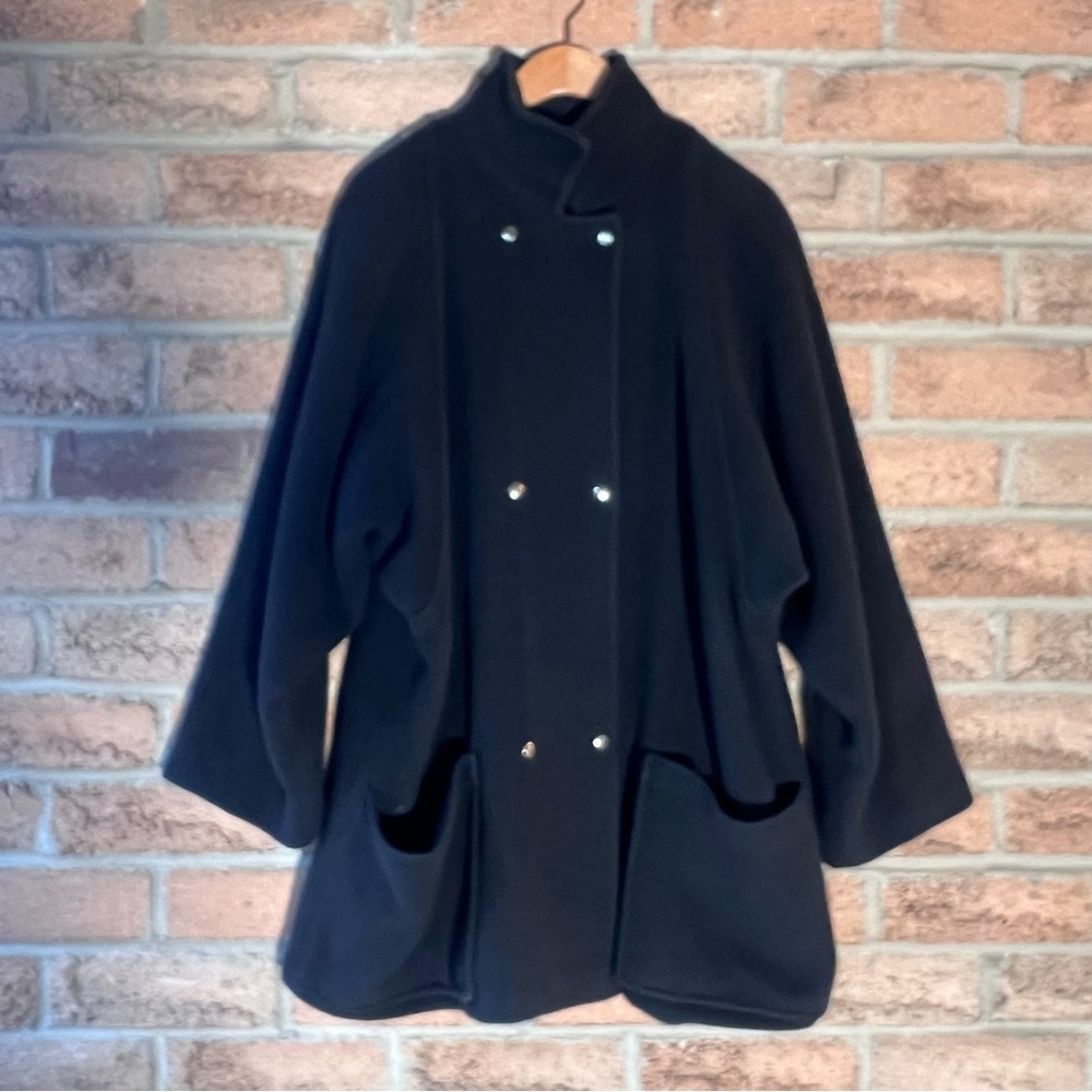 EATON Vintage Coat Double Breasted Ribbed Batwing Black Wool - Picture 5 of 15